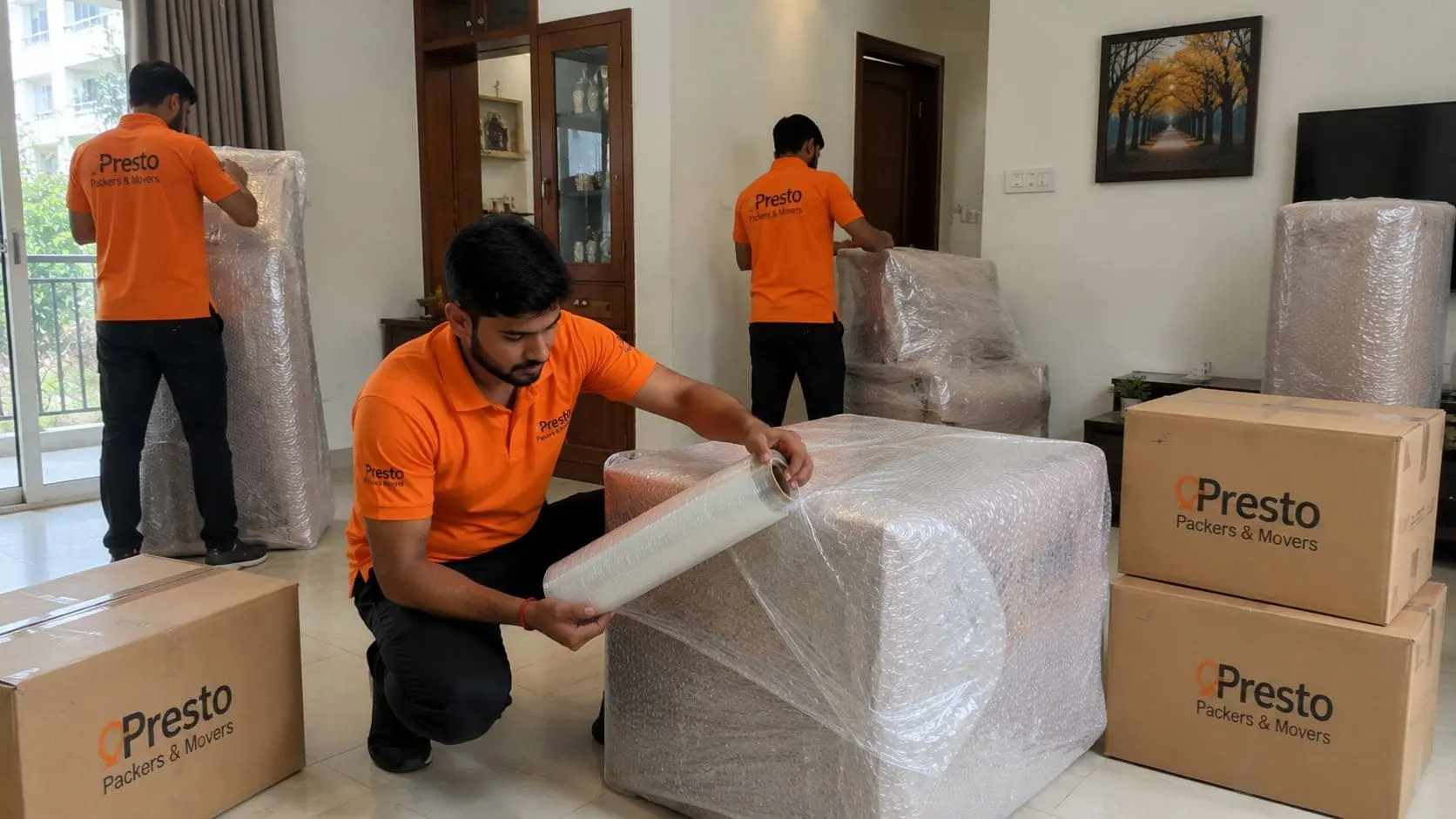 PrestoLink Packers and Movers team professionally packing 2 BHK household furniture inside a home before a local relocation from Rajendra Nagar to Bailey Road, Patna.