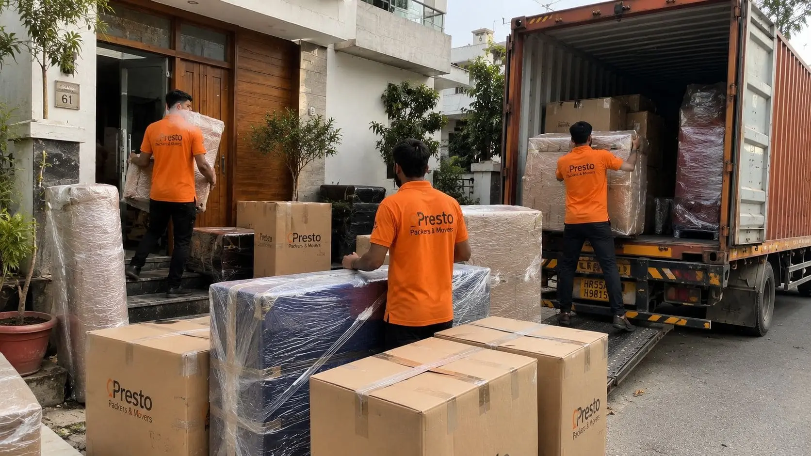 PrestoLink Packers and Movers team loading 3 BHK household goods for an intercity relocation from Patna to Bengaluru using professional packing and a closed container truck.