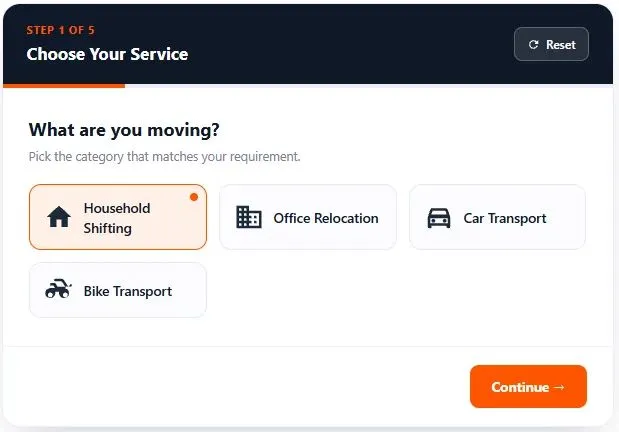 Step 1 of 5 on the packers and movers cost calculator interface showing selectable category buttons for household shifting, office relocation, car transport, and bike transport