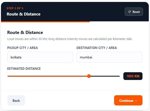 Step 3 of 5 on the relocation price calculator tool showing an interactive route slider displaying a long distance intercity move distance of 1833 KM from Kolkata to Mumbai