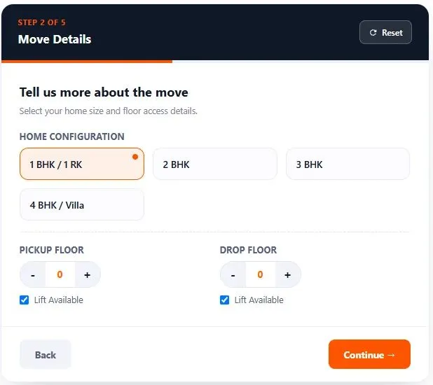 Step 2 of 5 on the online shifting cost calculator showing options to select home configuration size from 1 BHK to 4 BHK along with floor selectors and lift access check boxes