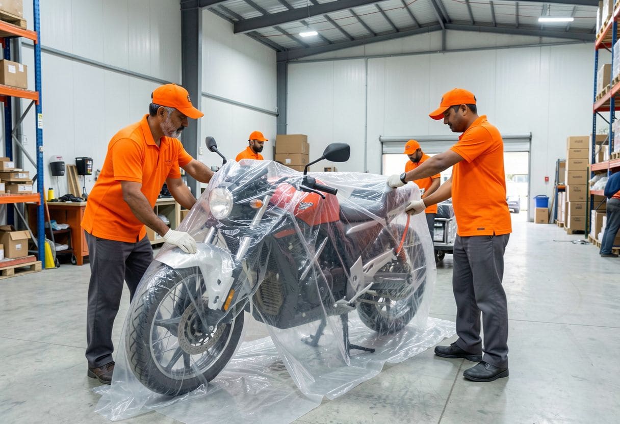 Indian packers wrapping a motorcycle with protective bubble wrap and foam sheets for secure bike transportation.
