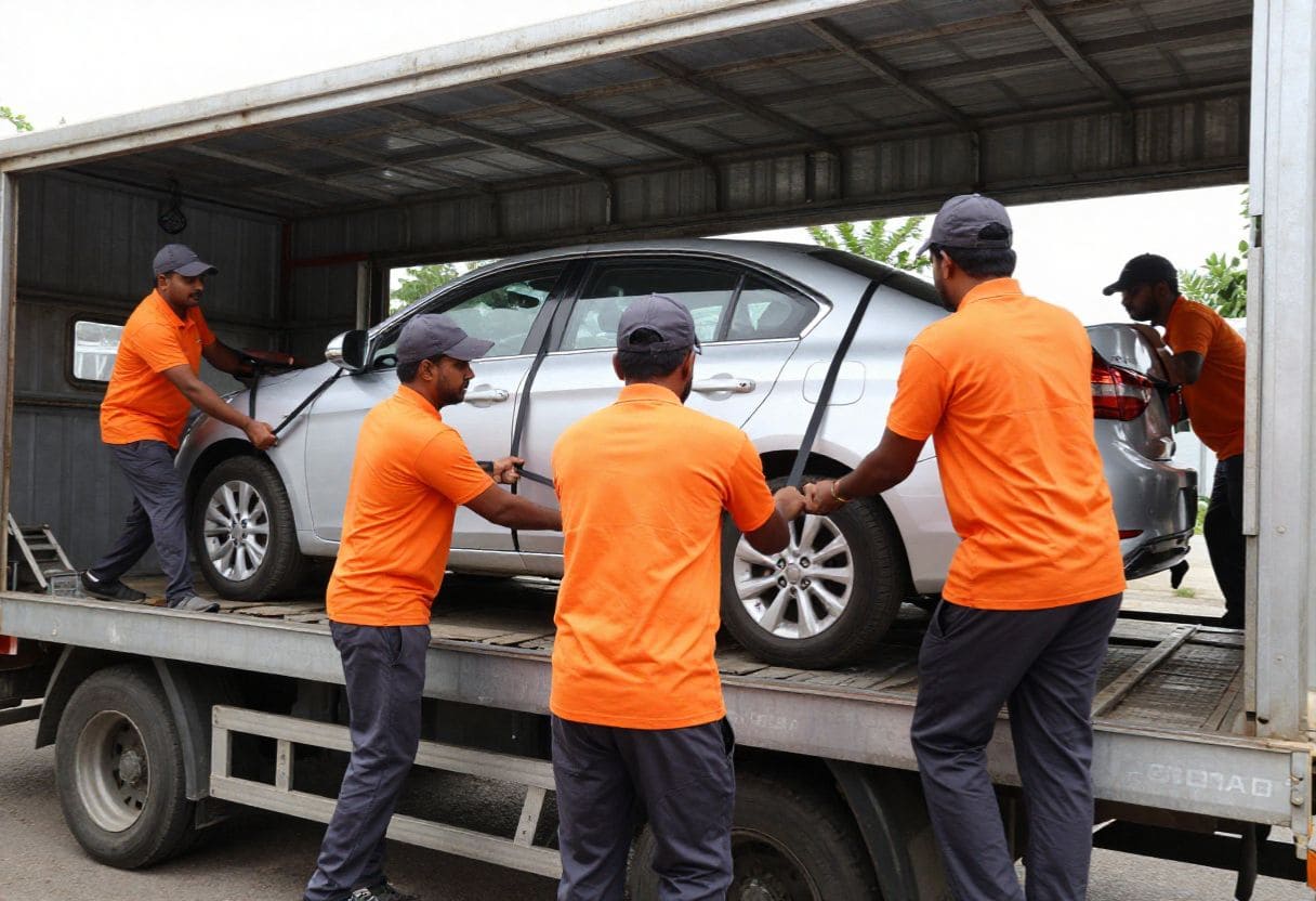 Indian movers guiding a car onto a carrier truck using safety ramps for professional car transport service.