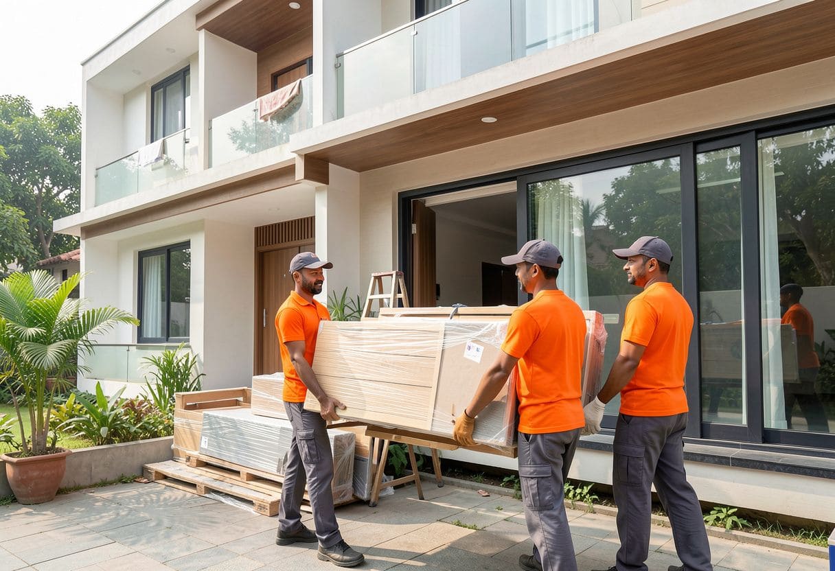 Indian movers in orange t-shirts and dark grey pants carefully loading household furniture and packed boxes during house shifting service.