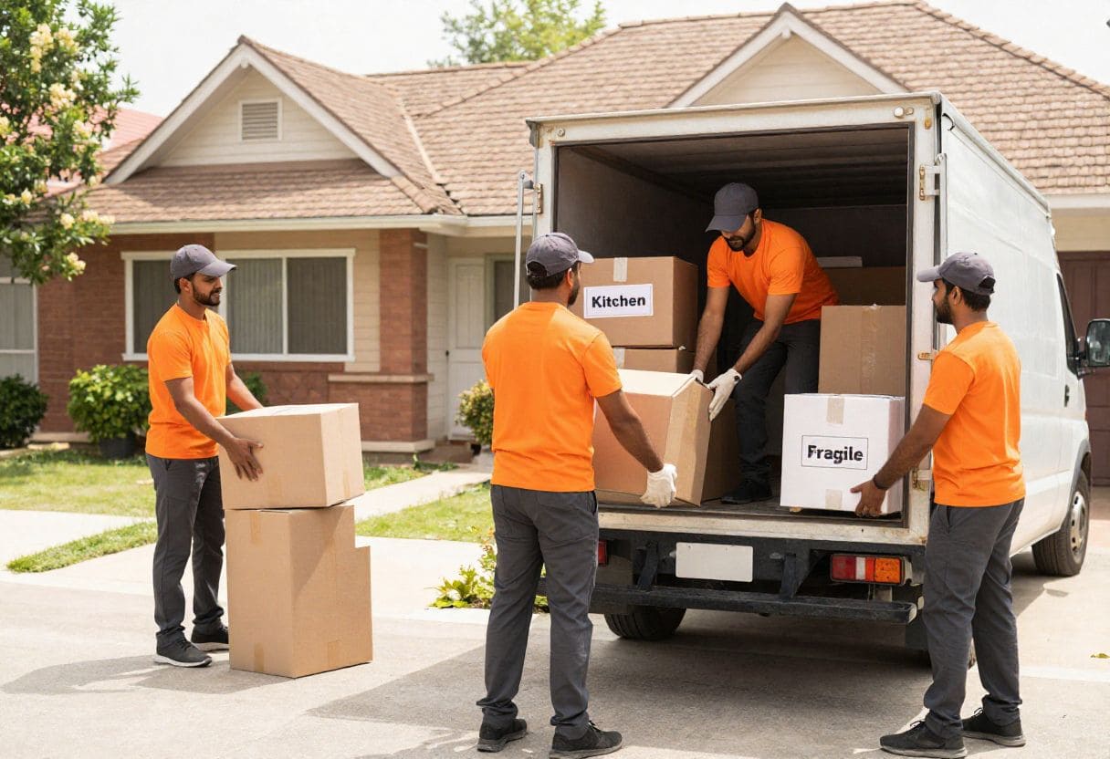 Indian movers loading packed household goods into a truck for local shifting in a residential neighborhood.