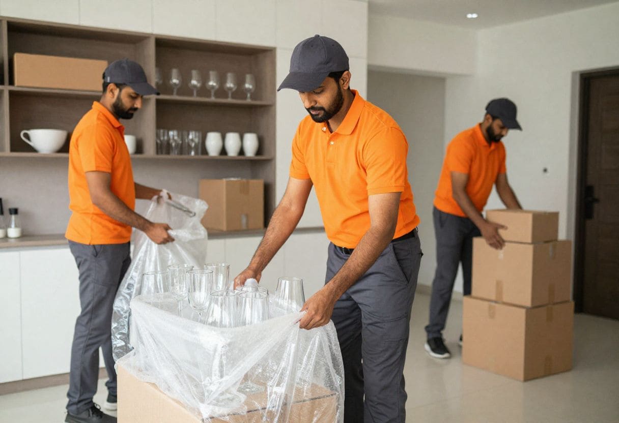 Professional movers carefully packing fragile household items and unpacking cartons inside a modern home.