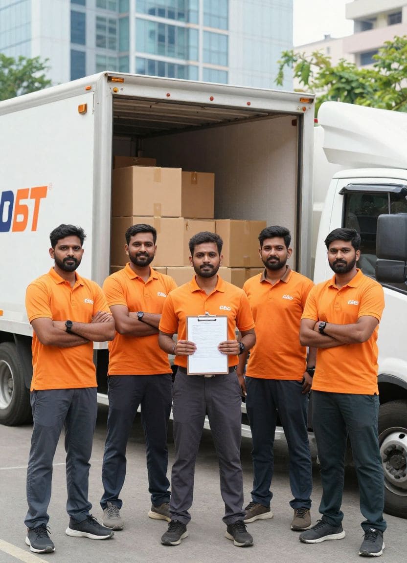 Professional team of Prestolink Packers and Movers Pvt. Ltd. standing with moving truck and packed boxes, representing trusted Packers and Movers