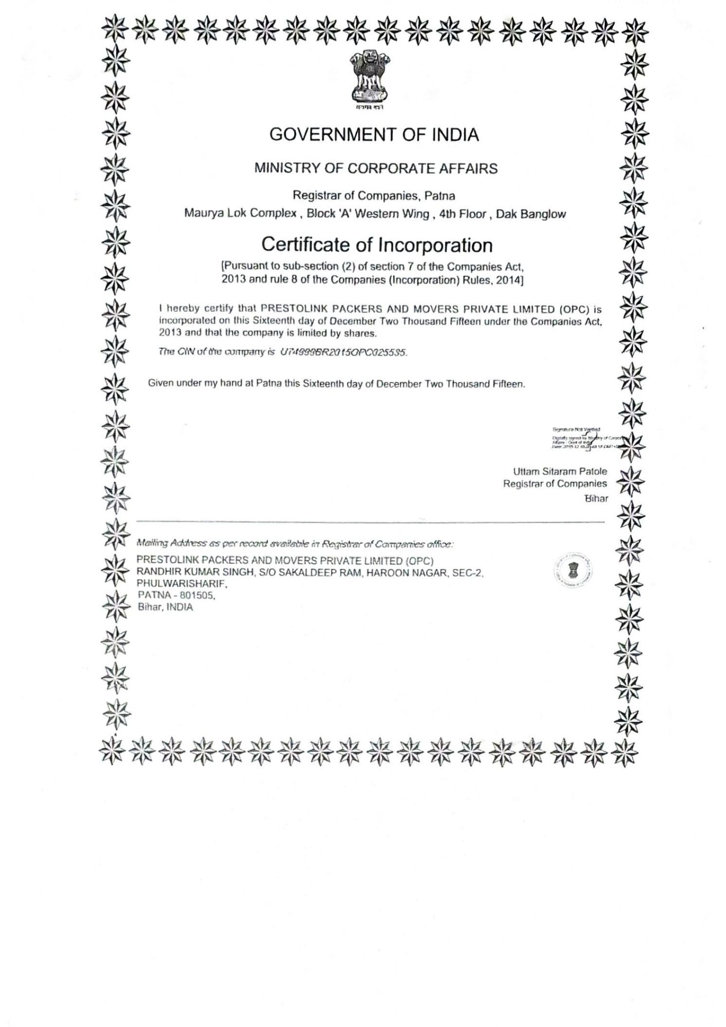 Certificate of Incorporation - Prestolink