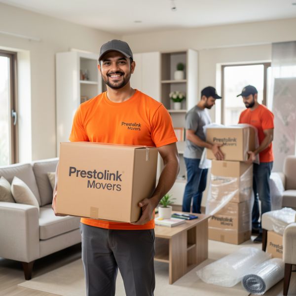Prestolink team providing professional packers and movers in patna services, carrying packed boxes inside a modern home during safe household shifting.