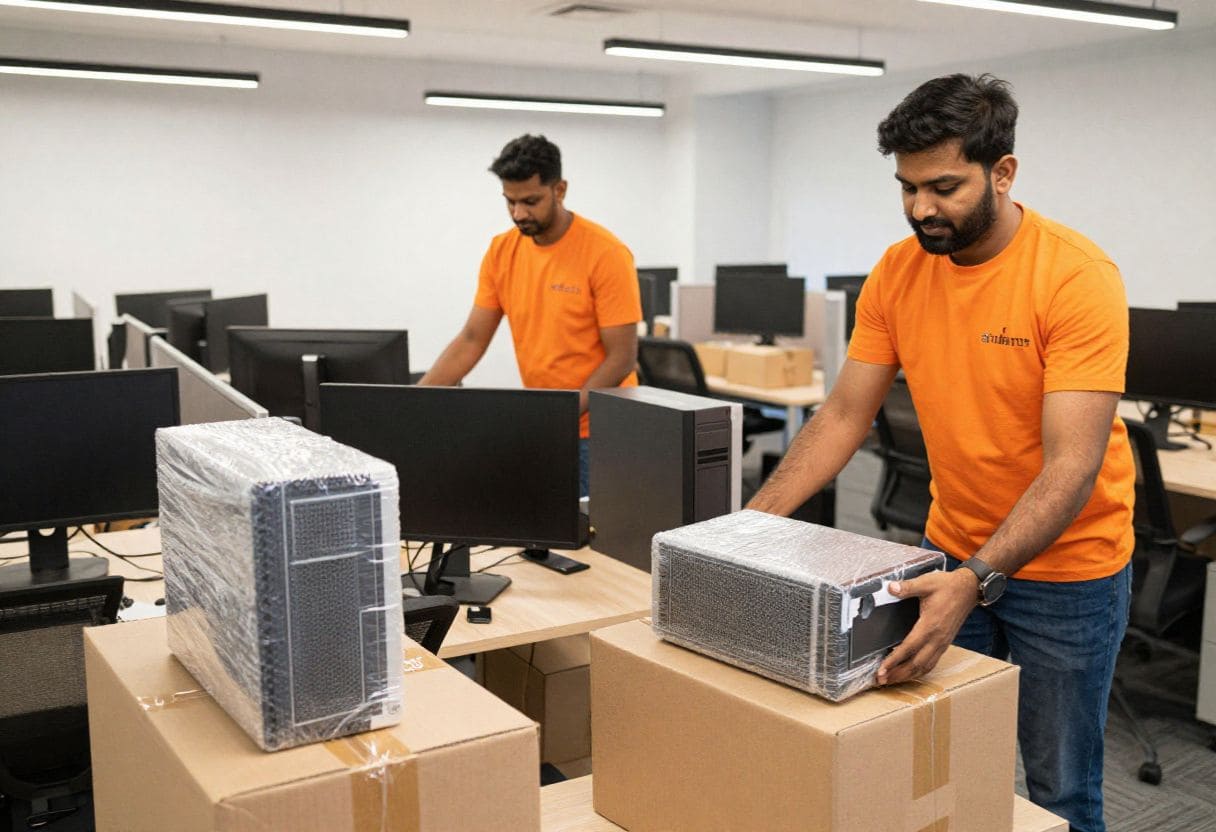 Professional Indian movers packing office computers, chairs, and files in a modern workspace for safe office shifting.