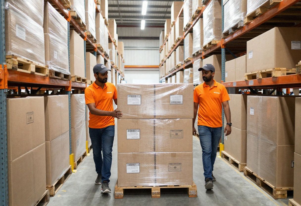 Organized warehouse storage facility with labeled cartons arranged securely by professional packers and movers team.